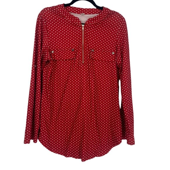 Red Polka Dot Zip Front Blouse Long Sleeve Parisian Chic Large - Picture 5 of 6
